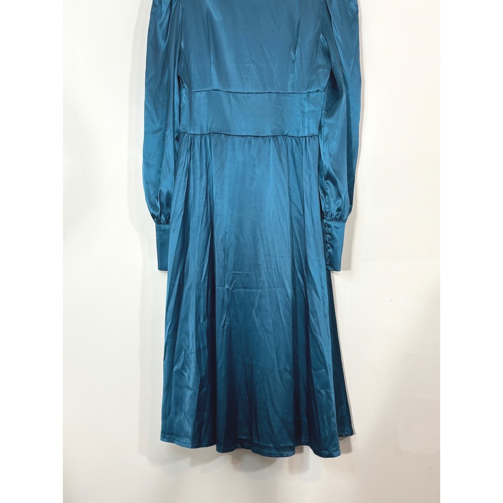 Colon Diana Teal Satin Bishop Sleeve Button Front Midi Dress Womens - Picture 13 of 16
